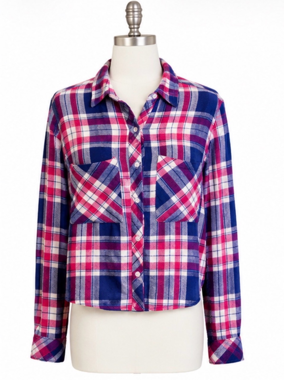 Rails Dylan Cropped Plaid Button Down Shirt Size Medium Marina Flamingo